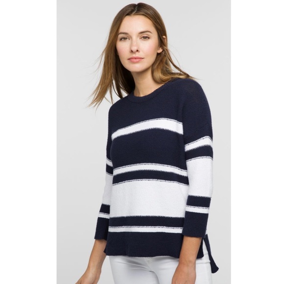 KINROSS Navy Stripe High Low Boatneck Chunky Cotton Sweater